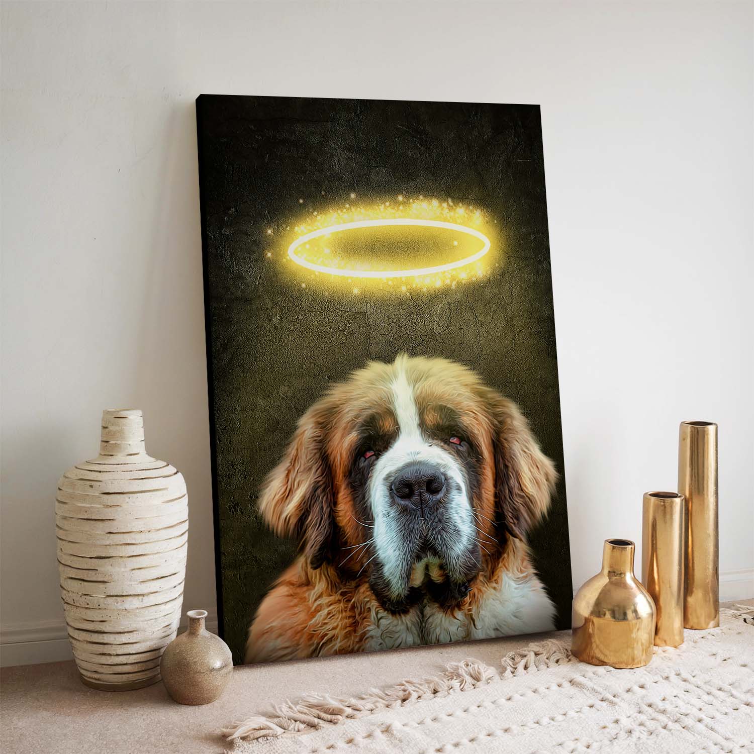 Hundeportrait auf Leinwand mit Heiligenschein